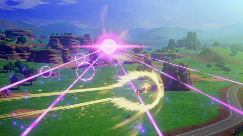 Un combattant de Dragon Ball Z: Kakarot vole au-dessus de plaines et de rochers en esquivant des rayons d'énergie violets