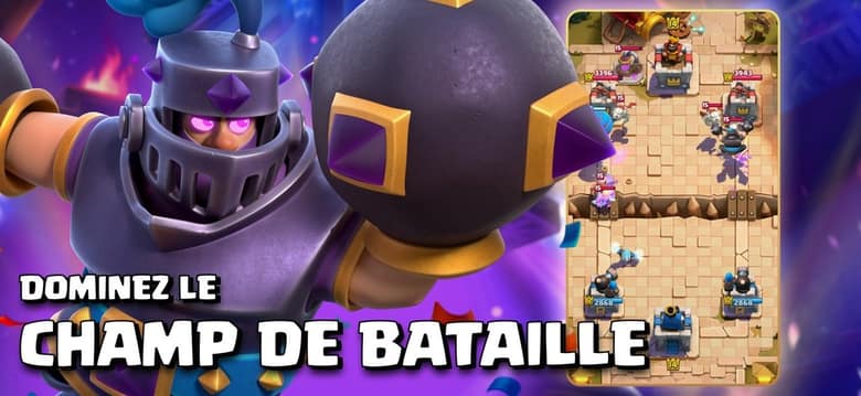 Écran de combat de Clash Royale : deux camps séparés par une tranchée, avec les tours et leurs points de vie, à côté d'un chevalier en armure violette