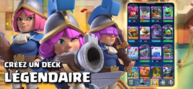 Écran de collection de Clash Royale : une grille de cartes avec leur coût en élixir et leur niveau, à côté de trois Mousquetaires