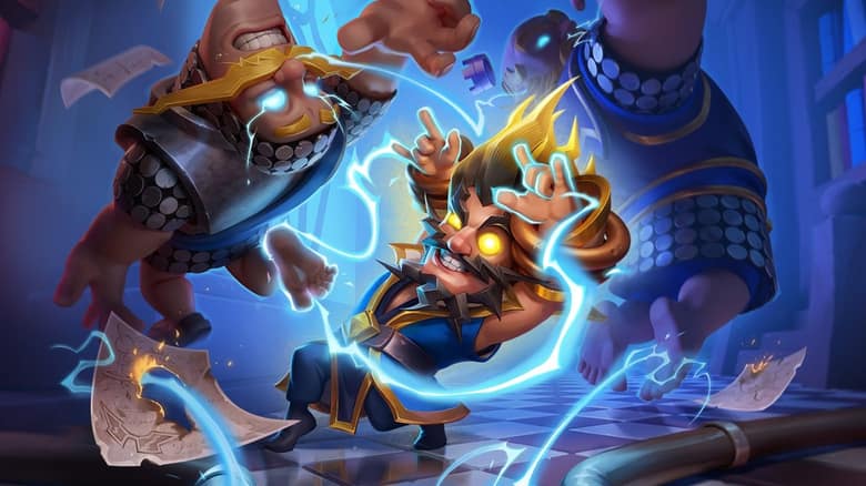 Le héros électro-sorcier de Clash Royale, les yeux brillants, envoie des éclairs qui électrisent deux adversaires en armure