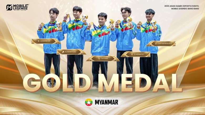 Les cinq joueurs de l'équipe du Myanmar, médaille d'or au cou, sous le titre « Gold Medal » des Jeux asiatiques 2026