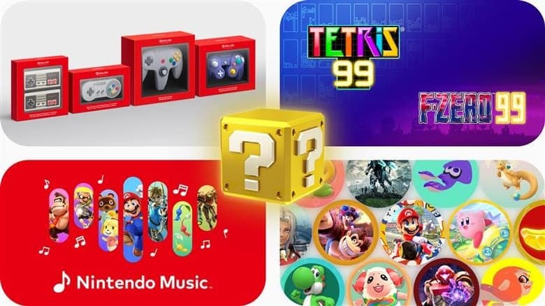 Visuel officiel du Nintendo Switch Online : manettes classiques, Tetris 99 et F-Zero 99, Nintendo Music et des icônes de personnages Nintendo autour d'un bloc « ? »
