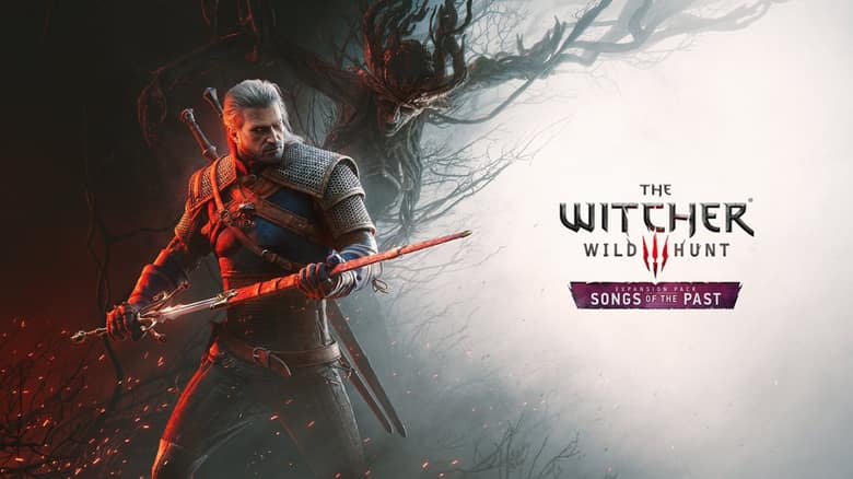 Geralt de Riv, cheveux blancs et épée à la main, devant un arbre sombre, à côté du logo The Witcher 3 Songs of the Past