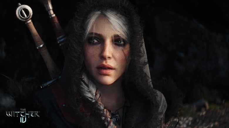 Ciri, capuche sur la tête et épée dans le dos, regarde vers le haut dans une démo technique de The Witcher 4