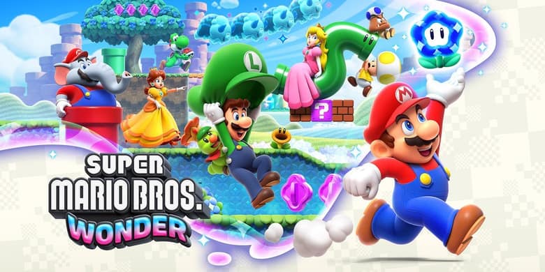 Mario court au premier plan ; Luigi, Peach, Daisy, Yoshi et des Toad l'entourent dans un décor coloré