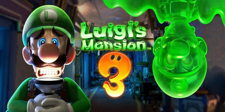 Luigi, terrifié, tient une lampe torche dans un couloir sombre, à côté d'un double vert et gluant