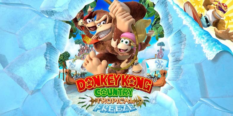 Donkey Kong, Diddy Kong et Dixie Kong se balancent à une liane au-dessus d'une plage, avec Cranky Kong en bas et Funky Kong sur sa planche de surf