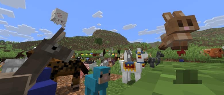 Des créatures de Minecraft, chevaux, lamas, moutons et lapin, dans une prairie