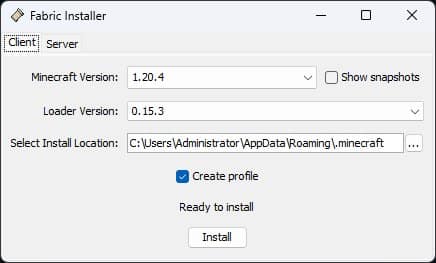 Fenêtre de l'installateur Fabric avec le choix de la version de Minecraft, du chargeur, du dossier et la case Create profile cochée