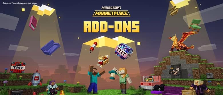 Steve et Alex entourés de meubles, d'un dragon et de blocs de TNT sous le logo Marketplace Add-Ons