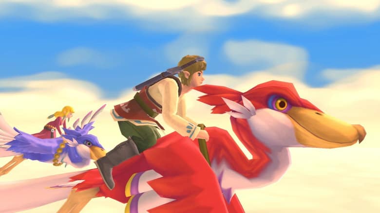 Link sur un célestrier rouge et Zelda sur un célestrier bleu volent au-dessus des nuages