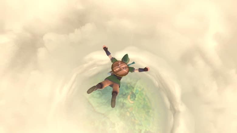 Link saute en chute libre à travers une ouverture dans les nuages, vers la surface