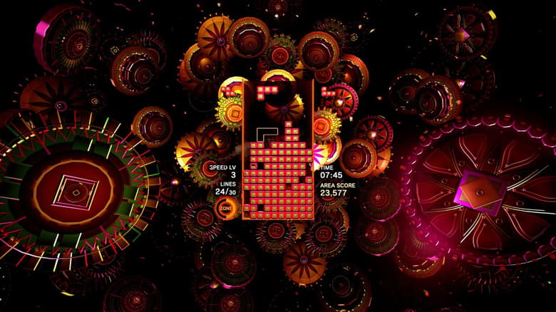 Une grille de Tetris au centre d'un décor de fleurs et d'engrenages lumineux rouges et orange