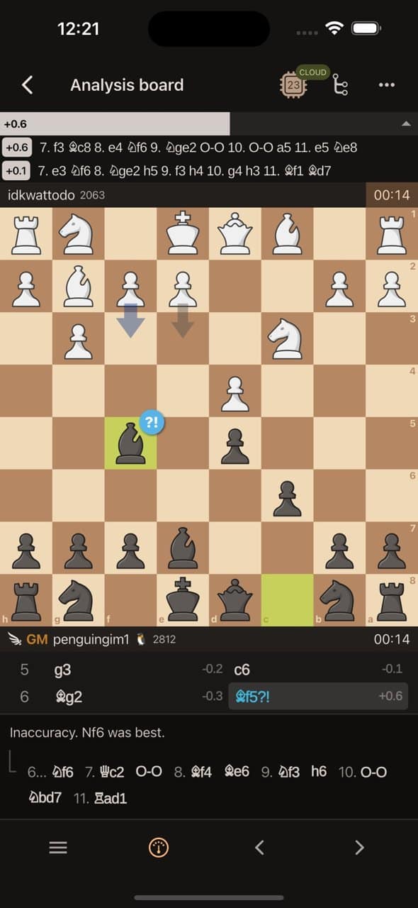 Tableau d'analyse de l'application Lichess : un fou noir marqué « ?! », le message « Inaccuracy. Nf6 was best. » et l'évaluation +0.6