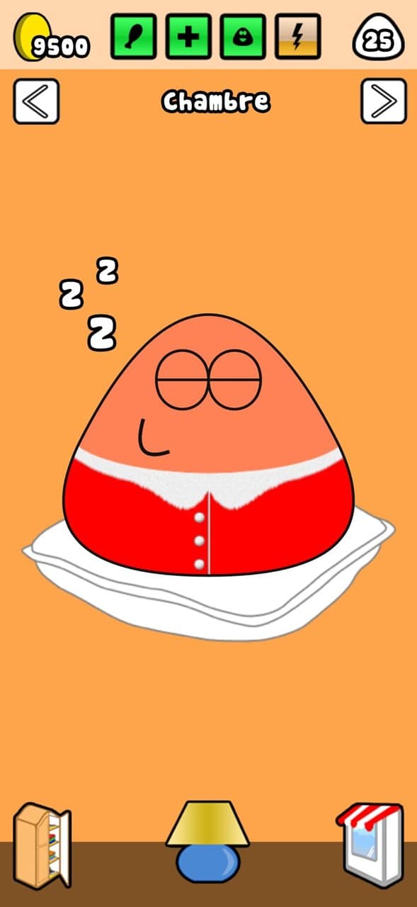 Capture officielle de Pou : dans la chambre orange, Pou en pyjama rouge dort sur un oreiller, avec la lampe en bas de l'écran et les quatre jauges en haut