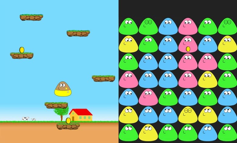 Captures officielles de deux mini-jeux de Pou : à gauche, Pou saute de plateforme en plateforme en ramassant des pièces ; à droite, une grille de Pou de toutes les couleurs à assembler