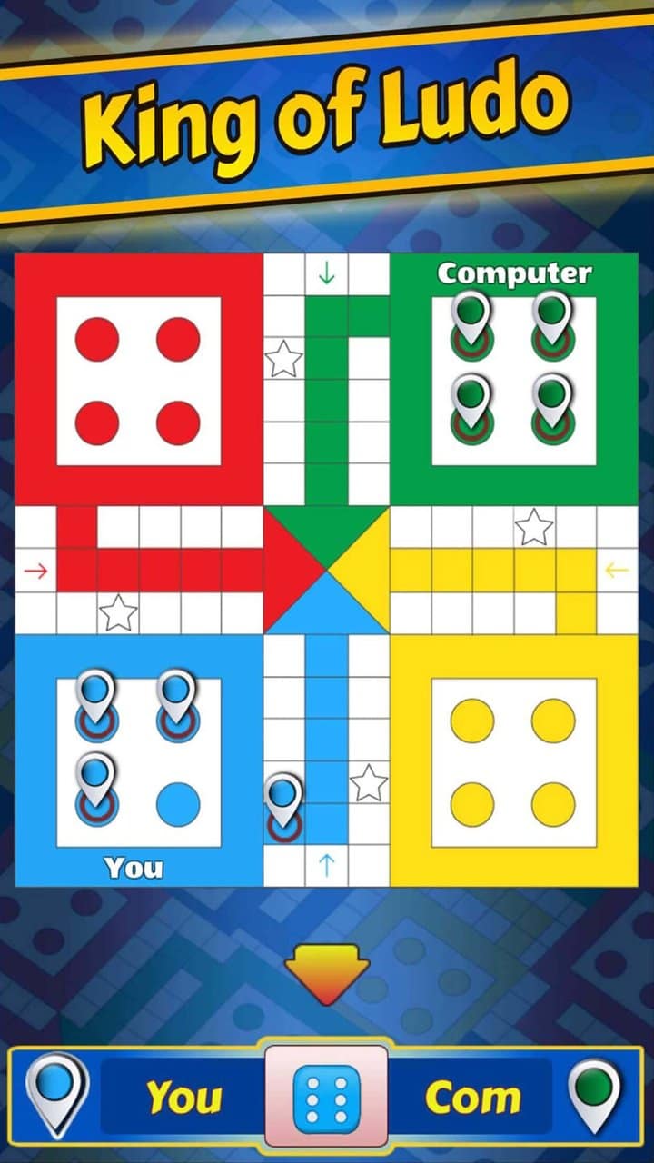 Capture officielle de Ludo King : un plateau de Ludo à quatre couleurs avec des cases étoilées, une partie « You » contre « Computer » et le dé au centre du bandeau