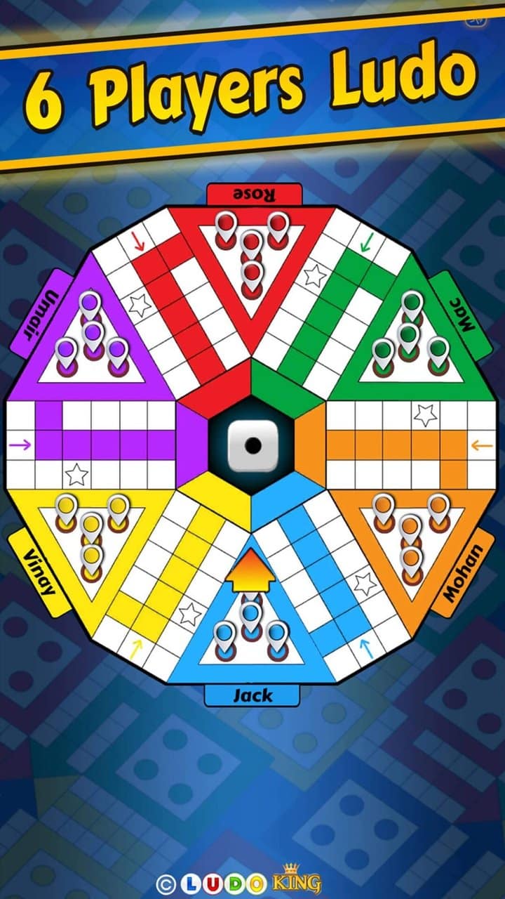 Capture officielle de Ludo King : un plateau hexagonal à six couleurs pour six joueurs, avec le dé au centre