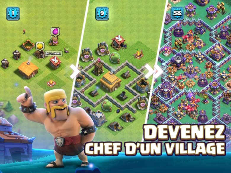 Capture officielle de Clash of Clans : un village qui grandit en trois étapes, des niveaux 1 à 58, avec un barbare blond au premier plan et le slogan « Devenez chef d'un village »