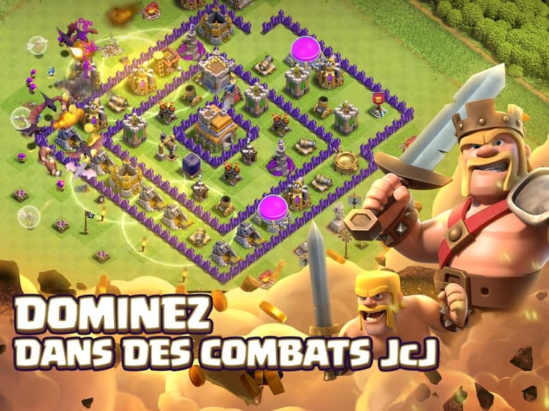 Capture officielle de Clash of Clans : un village entouré de murs violets attaqué par des troupes, avec le Roi des barbares brandissant son épée et le slogan « Dominez dans des combats JcJ »