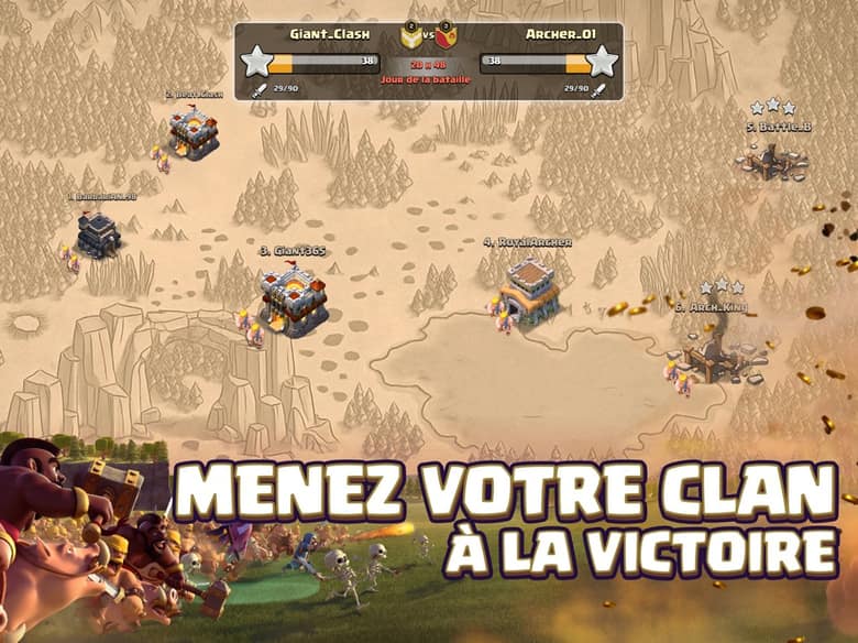 Capture officielle de Clash of Clans : la carte d'une guerre de clans, avec les villages adverses alignés sur un terrain sableux et le score en étoiles en haut, sous le slogan « Menez votre clan à la victoire »
