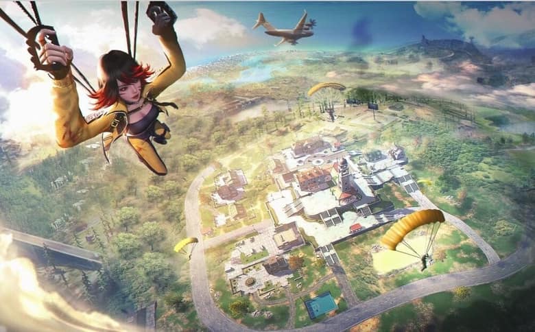 Une joueuse de Free Fire saute en parachute au-dessus de la carte Bermuda MAX