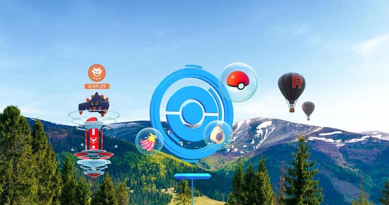 Une Arène avec un Boss de Raid, un PokéStop entouré d'une Poké Ball, d'une Baie et d'un Œuf, et deux ballons de la Team GO Rocket au-dessus d'un paysage de montagne