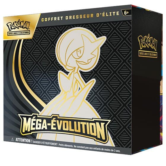 Coffret Dresseur d'élite Méga-Évolution, noir et doré, avec Méga-Gardevoir en silhouette