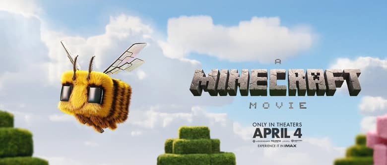 Visuel officiel avec une abeille Minecraft devant le logo du film et la mention de la sortie américaine du 4 avril