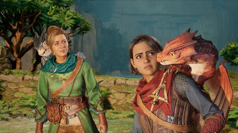 Mio et Zoé, chacune avec une petite créature sur l'épaule, dans un décor de fantasy