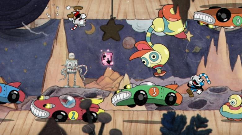 Cuphead et Mugman dans un niveau aux décors de théâtre, entre des voitures souriantes, près d'une carte rose à parer