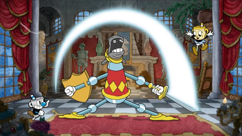 Mme Calice et Mugman affrontent un chevalier en armure dans une salle de château