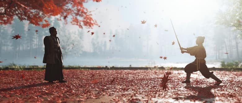 Un jeune samouraï s'entraîne au sabre face à un homme plus âgé, dans une clairière couverte de feuilles rouges