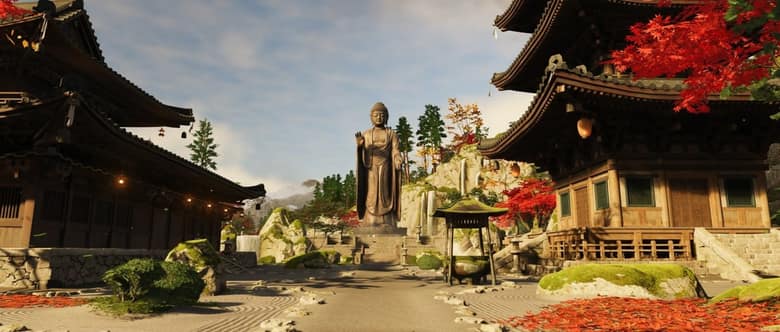 Cour d'un temple japonais avec une grande statue de Bouddha et des érables rouges