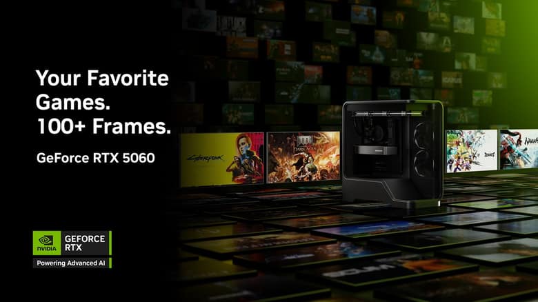Visuel NVIDIA de la RTX 5060 avec les jaquettes de Cyberpunk 2077, Doom: The Dark Ages et Marvel Rivals