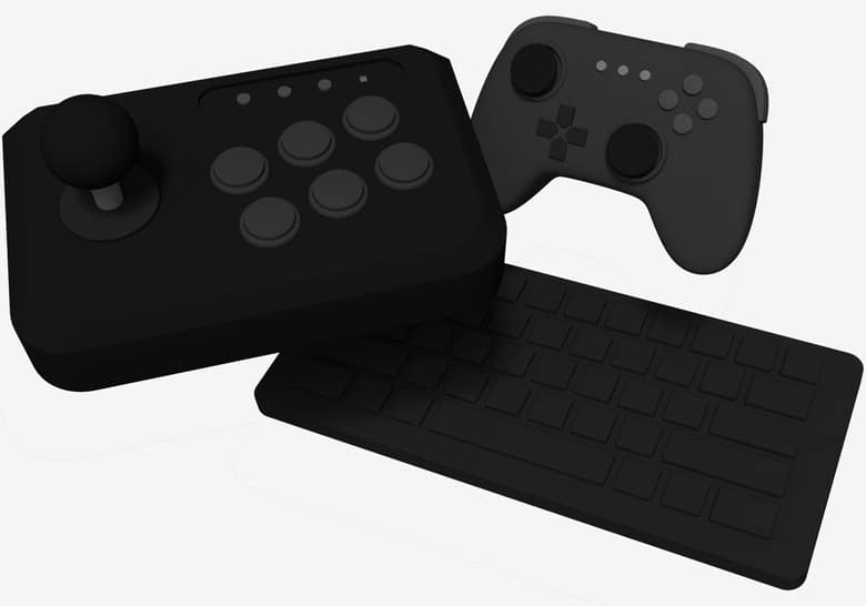 Une manette, un stick arcade et un clavier noirs