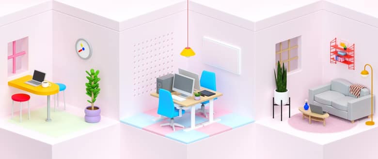 Trois pièces illustrées, chacune avec un poste de travail, reliées par Parsec