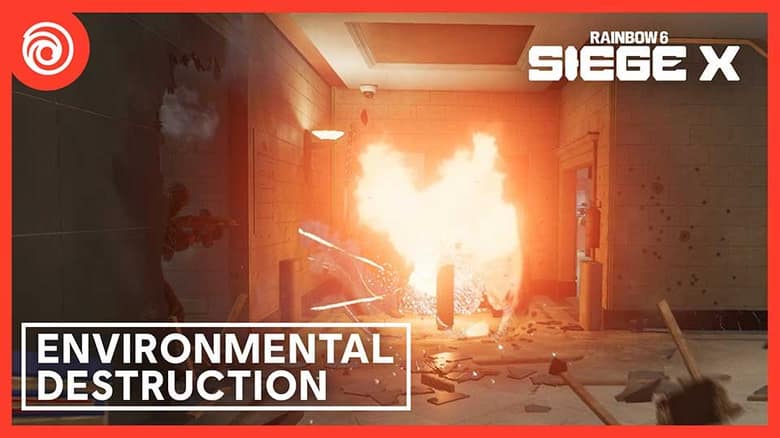 Explosion d'un mur dans un couloir, logo Rainbow Six Siege X