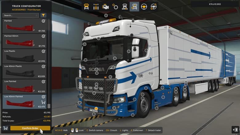 L'atelier de personnalisation d'un camion Scania blanc et bleu dans Euro Truck Simulator 2