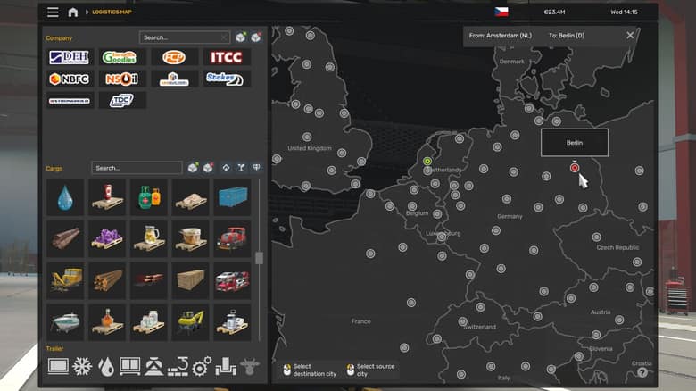 La carte logistique d'Euro Truck Simulator 2, avec la liste des cargaisons et les villes d'Europe