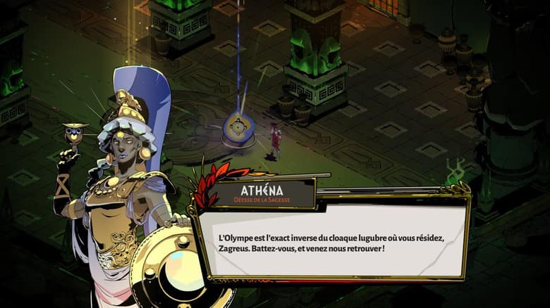 Athéna, casquée et armée d'un bouclier doré, s'adresse à Zagreus dans une boîte de dialogue en français