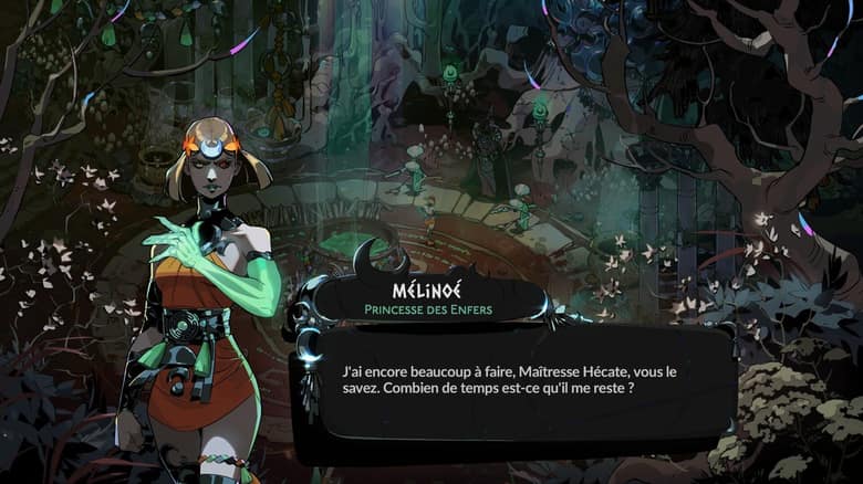 Mélinoé, aux cheveux blonds et au regard vert, parle à Hécate dans une boîte de dialogue en français