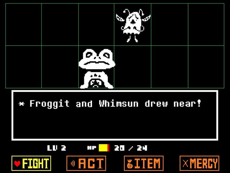 Écran de combat d'Undertale : deux monstres face au joueur et les boutons FIGHT, ACT, ITEM et MERCY en bas