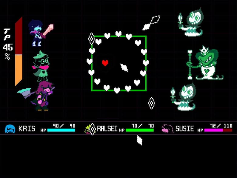 Combat de Deltarune : Kris, Ralsei et Susie à gauche, un cœur rouge entouré de projectiles au centre, des ennemis à droite