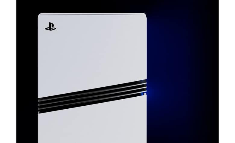Une PS5 Pro blanche vue de près, avec ses bandes noires et sa lumière bleue