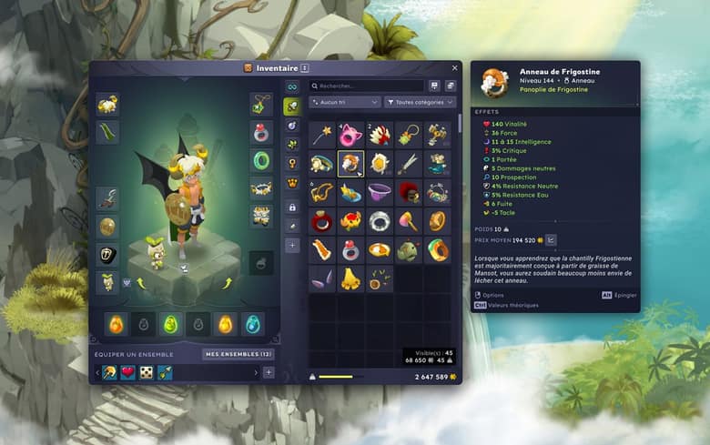 Capture officielle de l'inventaire de Dofus 3.7 : un personnage aux cornes de bélier et ses équipements à gauche, la grille d'objets au centre et la fiche détaillée de l'Anneau de Frigostine à droite