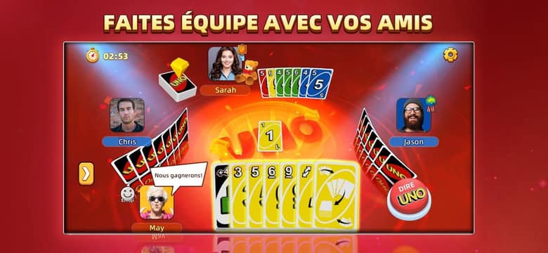 Capture officielle de l'application UNO! : une partie à quatre joueurs en mode 2 contre 2, avec les cartes du joueur en bas et le bouton rouge « Dire UNO » à droite