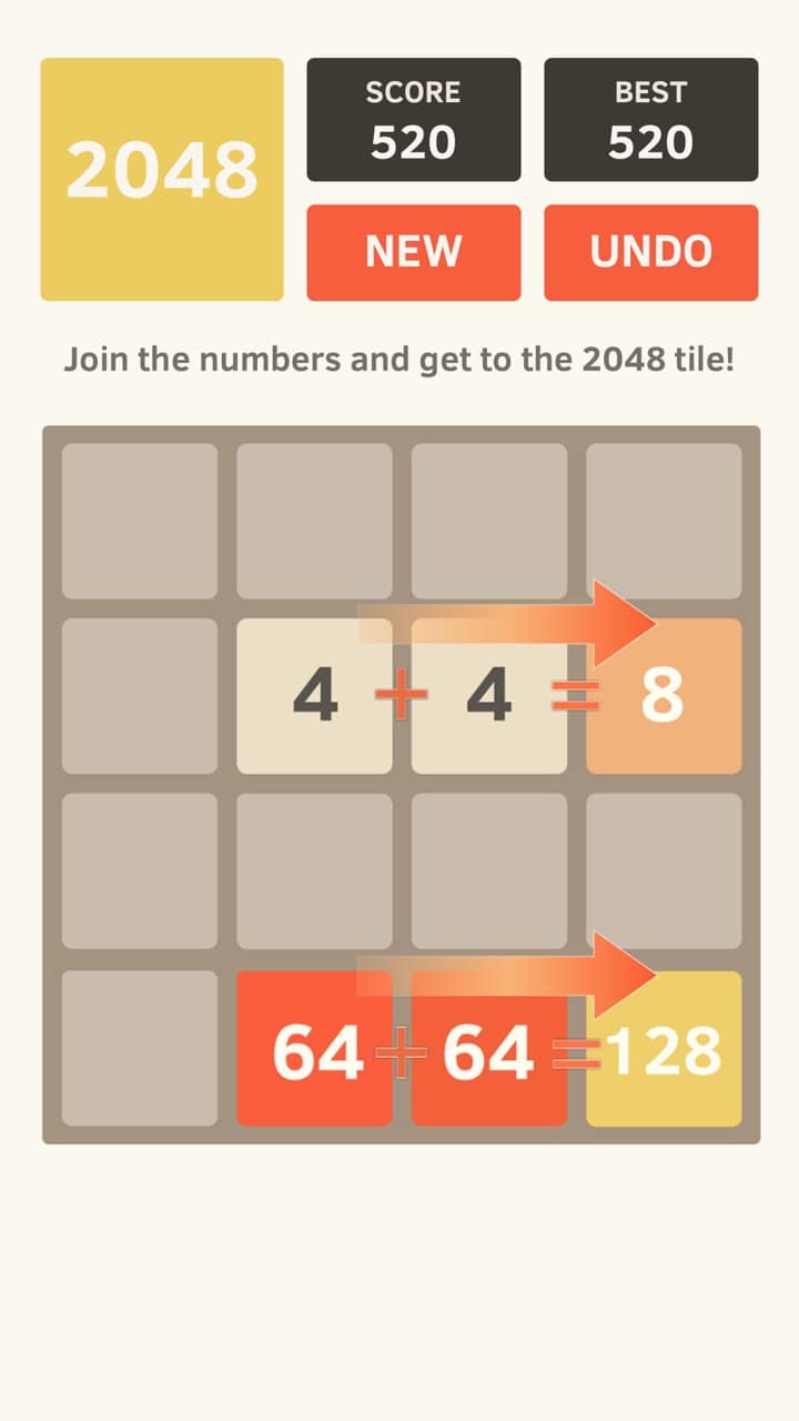 Capture officielle de l'application 2048 : deux exemples de fusion, un 4 et un 4 qui forment un 8, et deux 64 qui forment un 128, signalés par des flèches orange