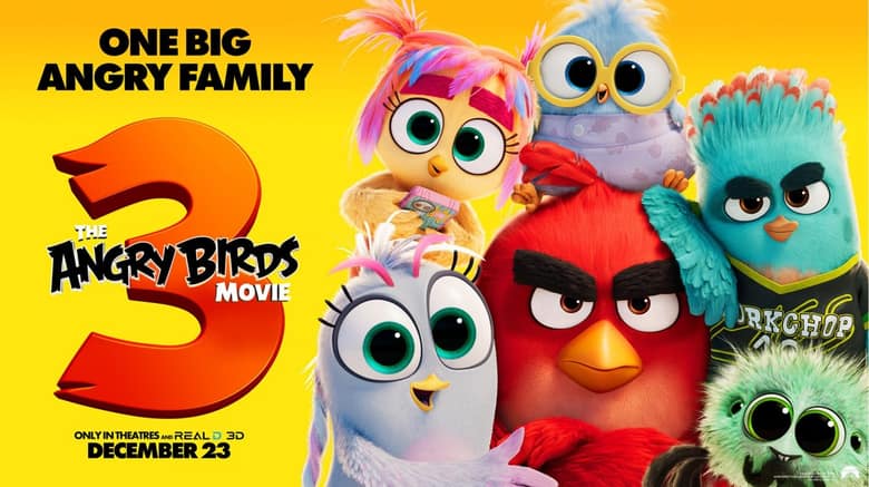 Affiche officielle de « The Angry Birds Movie 3 » : Red entouré de Silver et de plusieurs jeunes oiseaux colorés, à côté du grand chiffre 3 et de la mention « Only in theatres and RealD 3D, December 23 »