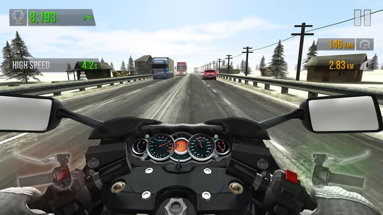 Capture officielle de Traffic Rider : vue depuis le guidon d'une moto sportive sur une route enneigée, avec un compteur à 146 km/h, un bonus « High Speed » et un score de 8 193 points
